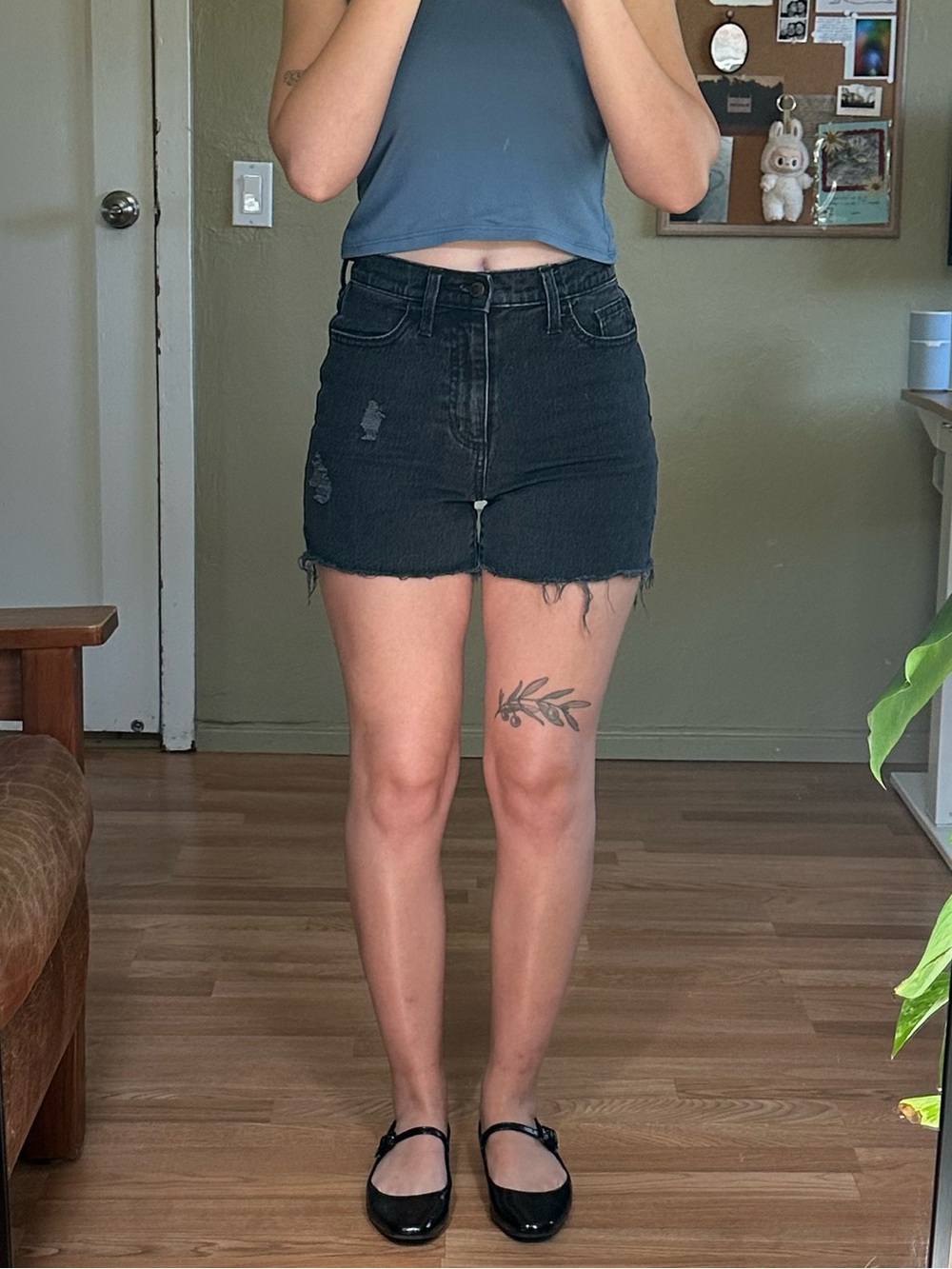 Black Distressed High-Rise Denim Shorts